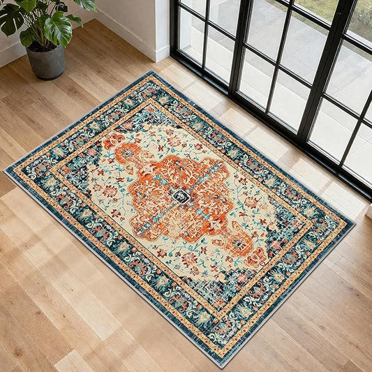U'Artlines 2x3 Washable Boho Area Rug, Small Non Slip Vintage Doormat for Indoor Front Door Ultra Thin Mat Carpet for Entryway Kitchen Bathroom Bedroom Orange/Multi