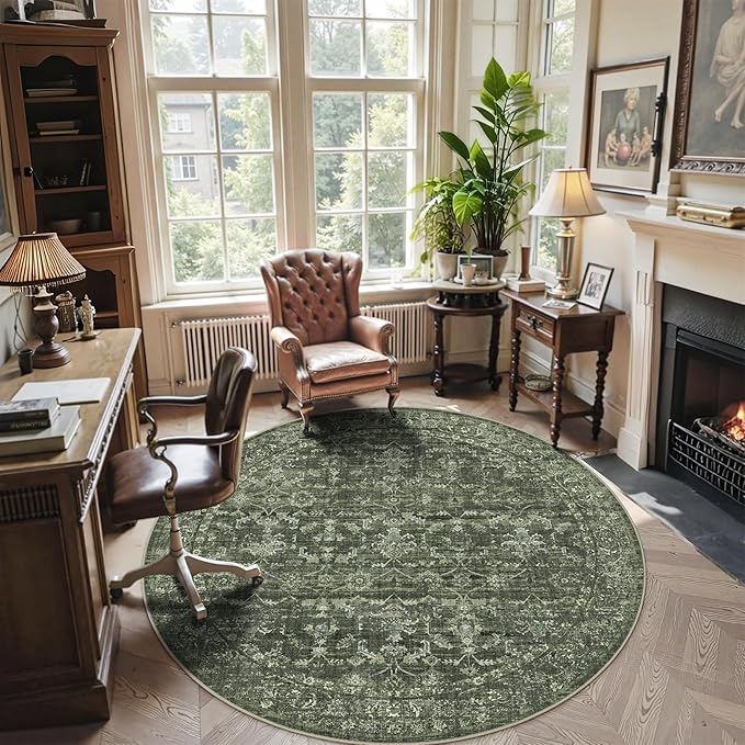 6ft Round Washable Area Rugs for Living Room, Vintage Boho Large Rug for Bedroom Dining Room Office, Distressed Floral Print Carpet for Under Table, Soft Non Slip Low Pile Throw Indoor Mat, Green