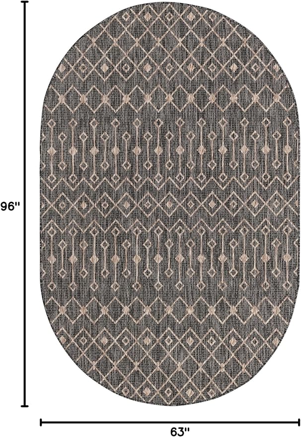 Unique Loom Outdoor Trellis Collection Area Rug - Tribal Trellis (5' 3" x 8' Oval, Charcoal Gray/ Natural)
