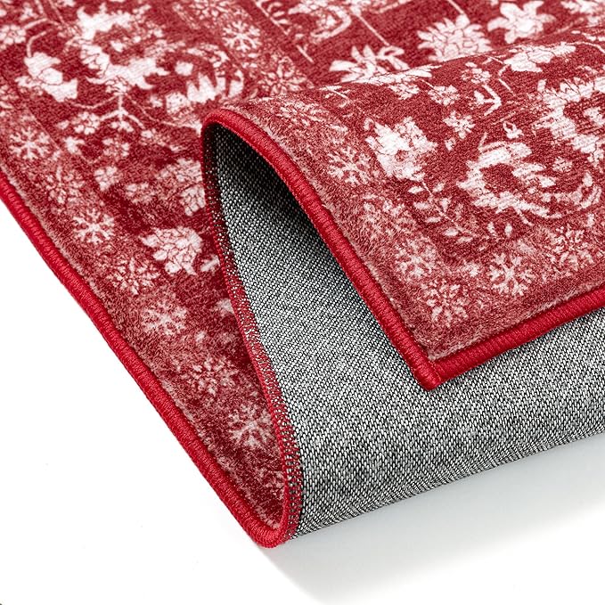 Christmas Area Rug 6x9 Red Washable Living Room Carpet Vintage Floral Holiday Decor Indoor Bedroom Accent Rug Decorative Non Slip Low Pile Xmas Carpet for Dining Room Office Playroom