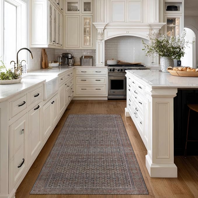 Kuden 2'6"x12 Runner Rug, Machine Washable Area Rug with Non-Slip Backing, Vintage Style, Soft, Easy Clean, Low Pile Rug for Hallway, Entryway, Kitchen, Bedroom