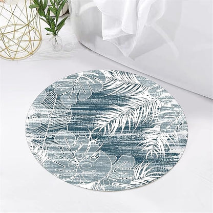 Washable Round Rug 6ft - Blue Tropical Botanical Pattern, Non-Slip Low Pile No Shedding Carpet, Soft Flannel Feel Rug for Living Room, Bedroom, Bathroom，Indoor Use