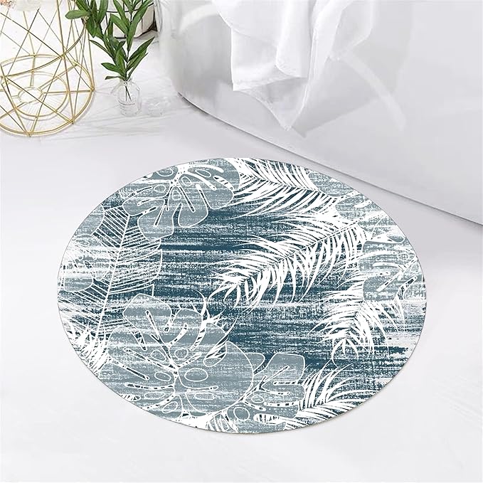 Washable Round Rug 3ft - Blue Tropical Botanical Pattern, Non-Slip Low Pile No Shedding Carpet, Soft Flannel Feel Rug for Living Room, Bedroom, Bathroom，Indoor Use