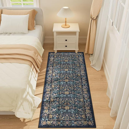 DUKINO 2x5 Washable Runner Rug, Floral Non Slip Bathroom Rugs with Soft Low Pile Design, Lightweight Non-Shedding Carpet Runner for Bathroom, Kitchen, Hallway, Bedroom, Laundry, Dark Blue