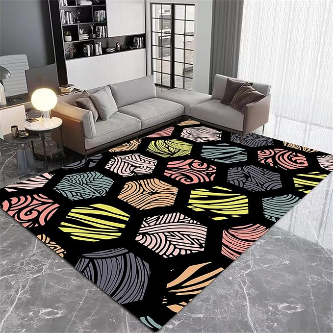 Large Living Room Area Rug 3x5ft,Modern Geometric Rugs, Multicolor Low Pile Farmhouse Carpet, Machine Washable & Non-Slip Non-Shedding for Classroom, Bedroom & Dorm