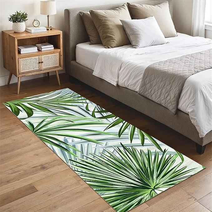 Hall Runner Rug 2x8 ft Non-Slip - Tropical Palm Leaves Design in Emerald Green - Easy Clean Washable Carpet for Hallway, Entryway, Bedroom - Durable Floor Decor
