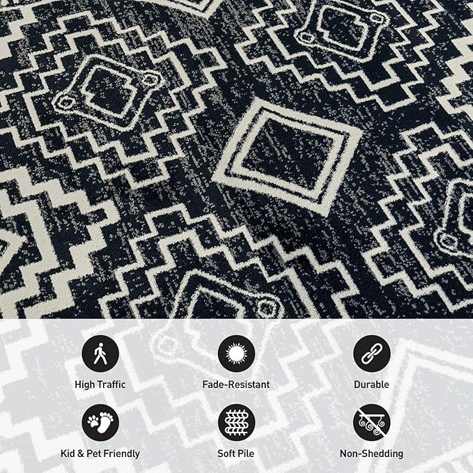 Rugshop Southwestern Black and White Tribal Area Rug – Geometric Diamond Pattern Carpet for Living Room, Bedroom, or Entryway – Boho Rustic Soft Floor Decor 2' x 3' Black