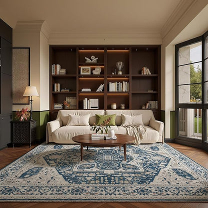 EnHomee 5x7 Area Rugs Washable for Bedroom, Boho Vintage Rugs, Foldable Area Rug for Dining Room, Non-Slip Soft Living Room Rug, Low Pile Large Carpet for Bathroom, Colorful Print, Blue and White