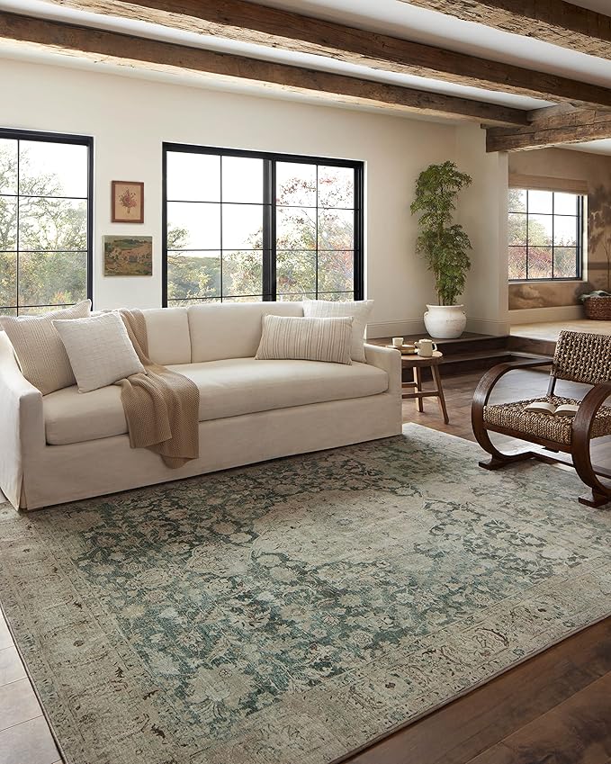 Loloi Magnolia Home by Joanna Gaines Sinclair Collection SIN-05 Jade/Sand 2'-0" x 5'-0", .25" Pile Height, Machine Washable, Accent Rug