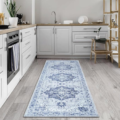 Bloom Rugs Washable Non-Slip 12 ft Runner - Gray/Blue Traditional Medallion Runner for Entryway, Hallway, Bathroom, and Kitchen - Exact Size: 2.5' x 12'