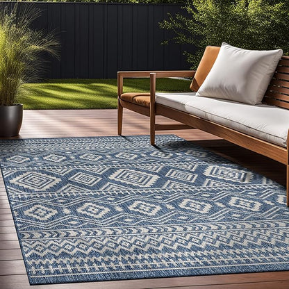 Beverly Rug Waikiki Boho Indoor Outdoor Rug 6x9, Washable Outside Carpet for Patio, Deck, Porch, Bohemian Area Rug, Farmhouse Rugs, Aztec Tribal Rug, Azure and White