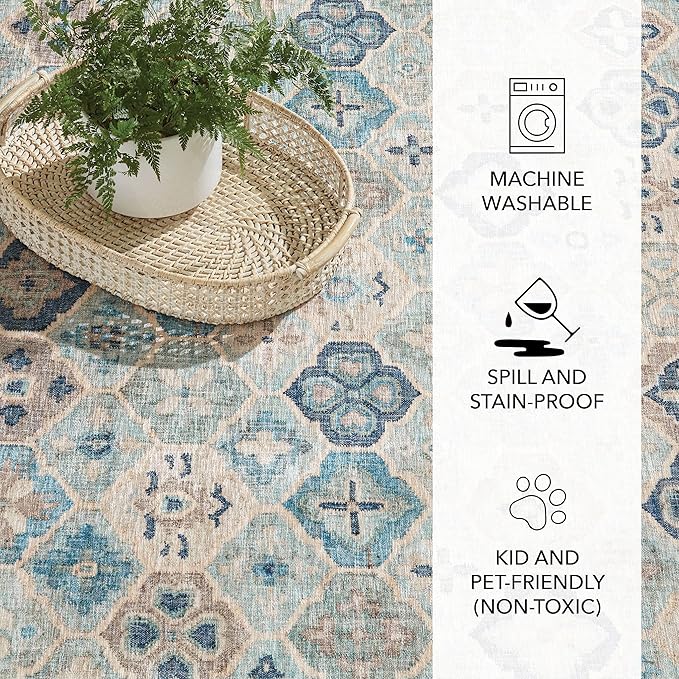 Dash and Albert Pali Machine Washable Area Rug - 4' x 6' Blue - Geometric Accent Rug - Anti-Slip Backing, Lightweight, Machine Washable, High Traffic Areas Kitchen, Mudroom, Laundry Room