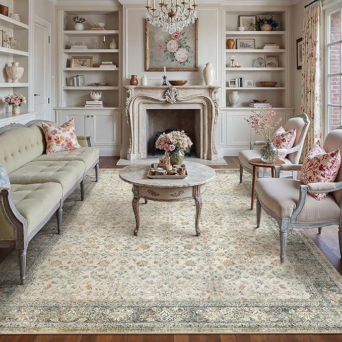 Beige Area Rug 6x9 Living Room Machine Washable Vintage Carpet Non Slip Indoor Retro Traditional Accent Throw Large Rug for Office Bedroom Dining Room Playroom