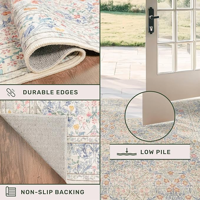 Floral 3x20 Wide Hallway Runner - Beige Blue with Purple Accent, Boho Pastel Decor, Washable Low Pile Non Slip Stain Resistant Rug for Long Kitchen, Hall Way