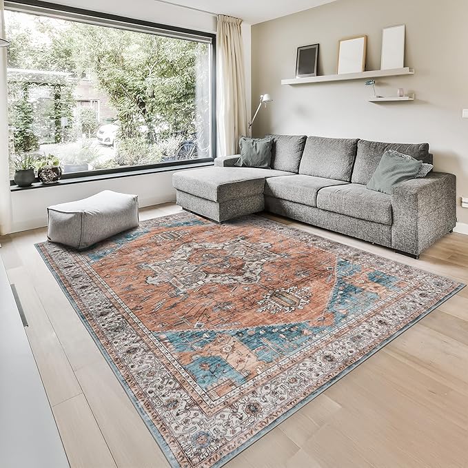 GLN Rugs Traditional Collection - Machine Washable Area Rug, Traditional Washable, Non Slip, Low Pile Chenille Rug, Living Room, Bedroom, Kitchen Rug (8' x 10' Terra/Multicolor)