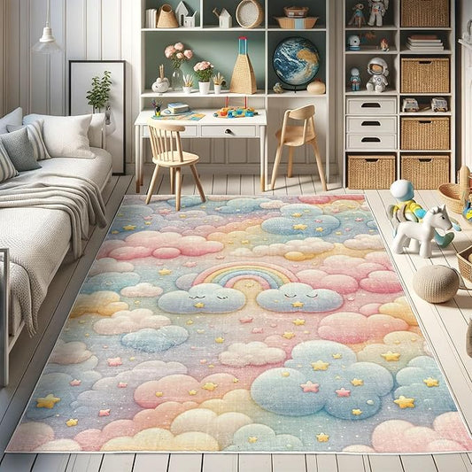 Ambesonne Cartoon Sky Decorative Rug, Dreamy Colors Celestial Atmosphere with Starry Kawaii Clouds Rainbow, Quality Carpet for Bedroom Dorm and Living Room, 2' 2" x 3' 7", Blush Mustard Blue
