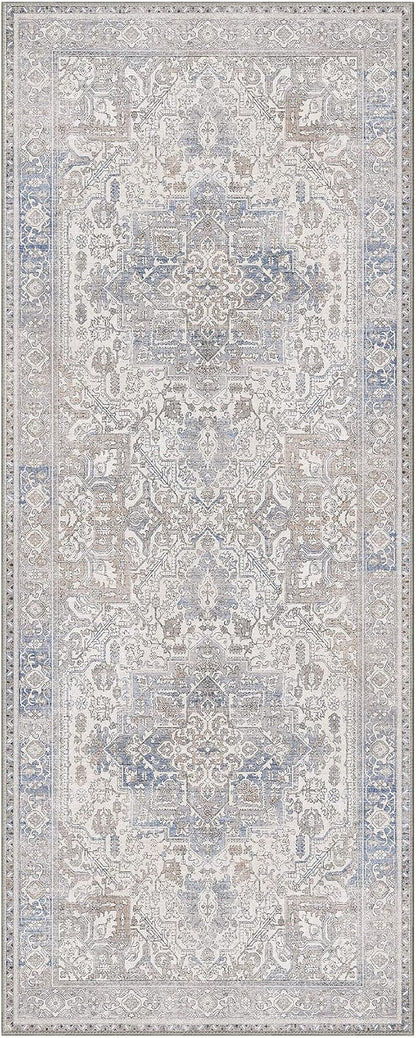 GENIMO 2'6"x10 Runner Rugs for Hallway, Machine Washable Non Slip Vintage Retro Rugs, Low Pile Lightweight Thin Print Rug for enrtyway, Corridor, Home Office, Kitchen, Khaki Blue