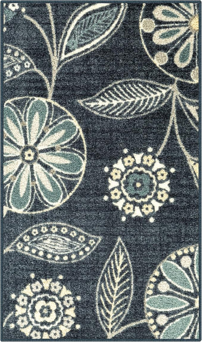Maples Rugs Reggie Floral Kitchen Rug - Made in USA - Washable, Non Slip Indoor Carpet for Entryway, Foyer, Kitchen, and Bathroom, 1'8 x 2'10, Persian Blue