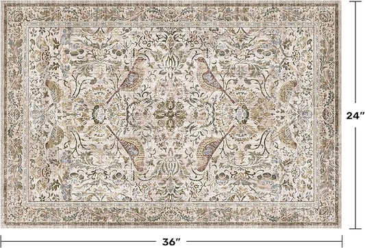 Boho Moss 2x3 Indoor Rugs for Entryway, Vintage Washable Small Throw Rug for Kitchen, Non Slip Soft Floral Bathroom Carpet with Bird Pattern, Low Pile & Stain Resistant