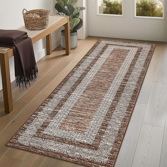 GarveeHome Washable Runner Rug 2x6 Modern Hallway Rug Non Slip Entryway Runner, Geometric Bordered Printed Carpets, Low Pile Thin Foldable Floor Mats, Soft Non Shedding for Kitchen Laundry, Brown