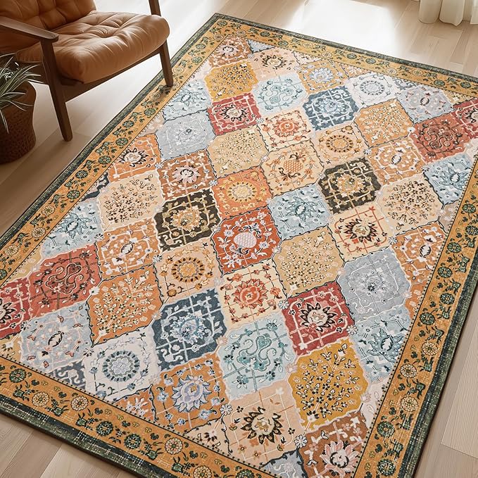 Phantoscope Washable Area Rug 4'x6' Non-Slip, Vintage Boho Rugs for Living Room, Bedroom, Dining Room, Distressed Moroccan Mosaic Diamond Pattern, Low-Pile Foldable Floor Carpet, Terracotta/Rust