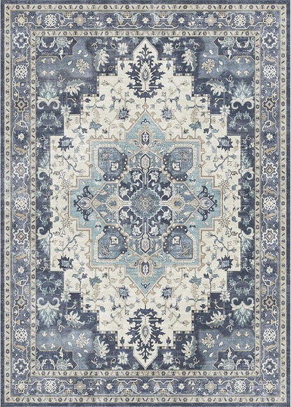 GENIMO 8x10 Area Rugs for Living Room, Machine Washable Non Slip Vintage Rugs, Low Pile Lightweight Chenille Print Rug for Bedroom, Dining Room, Home Office, Center Blue