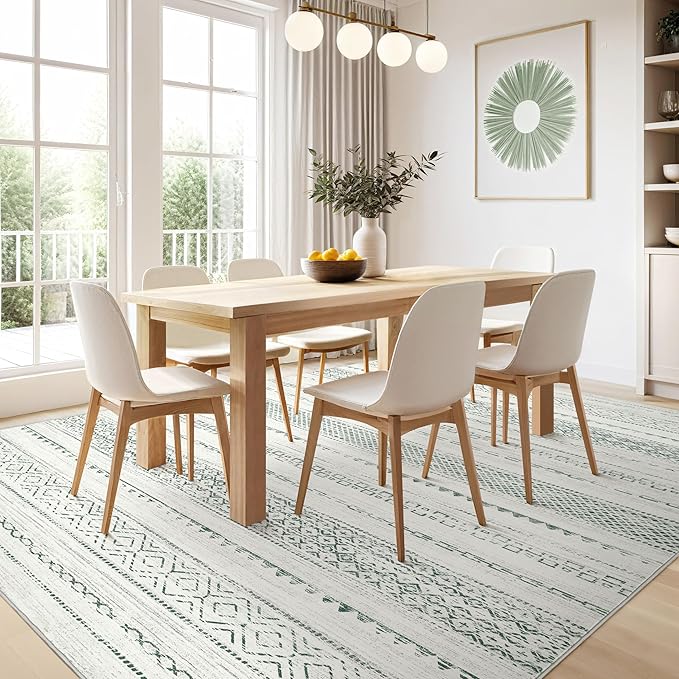 Nakagishi Green Rug Living Room 6x9: Washable Boho Large Neutral Farmhouse Soft Area Rugs Modern Stain Resistant Moroccan Indoor Non-Slip Floor Carpet for Bedroom Nursery Playroom Office Dining Room