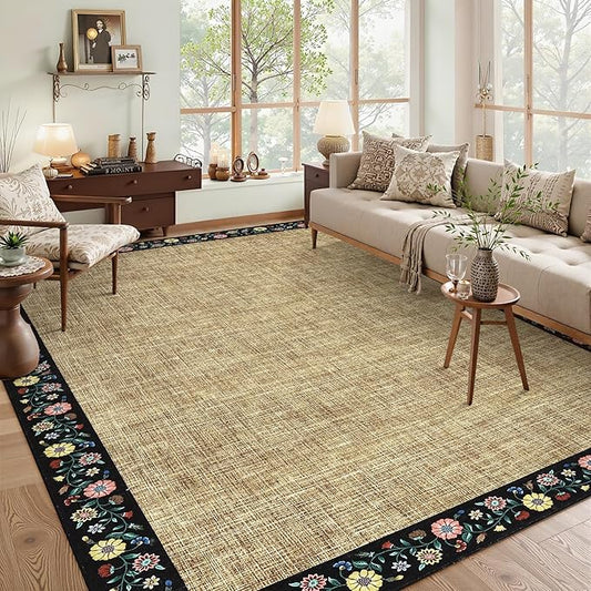 GarveeHome Washable Area Rugs for Bedroom 5x7 Living Room Modern Floral Throw Rugs Non-Slip Lightweight Thin Carpet Modern Farmhouse Print Non-Shedding Soft Low Pile Floor Cover, Yellow