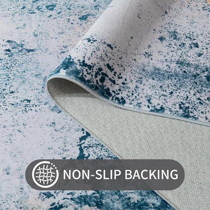 Living Room Rug 7x10 Aqua Blue Area Rugs Machine Washable Abstract Boho Large Rug Non-Slip Non-Shedding Faux Wool Indoor Vintage Carpet for Bedroom, Classroom, Dining Room, Kids Playroom