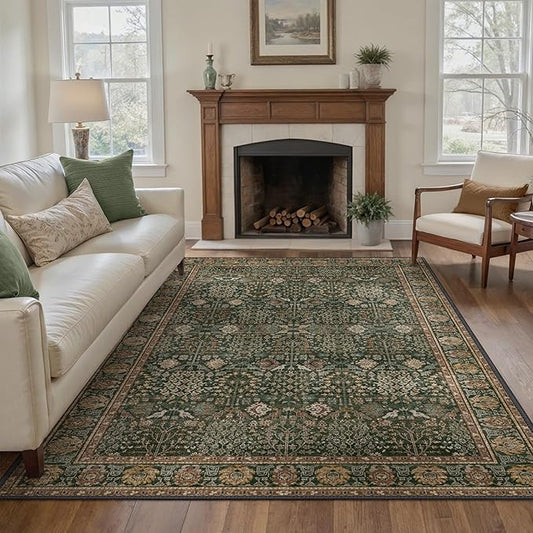 Bavni Area Rugs for Living Room, 5x7 Area Rugs Non-Slip Washable，Ultra-Thin Aesthetic Boho Rug for Bedroom Dinning Room Office, Dark Green/Multi