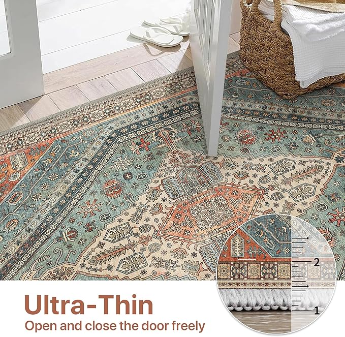 Bavni Runner Rug 2x10 Kitchen Rugs for Hallways Entryway, Washable Vintage Print Carpet, Ultra-Thin Chenille Low Pile Lightweight Rug with Non Slip Backing, Light Red/Blue