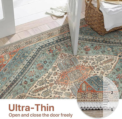 Bavni Washable Rug 8x10 Area Rug for Living Room Bedroom Dining, Washable Vintage Print Carpet, Ultra-Thin Chenille Low Pile Lightweight Rug with Non Slip Backing, Light Red/Blue