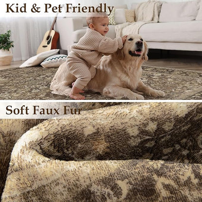 HUGEAR 6x9 Machine Washable Rugs Brown Hallway Large Area Rug Indoor Accent Rug Floral Mid Pile Carpet Soft Thicker Throw Aesthetic Rug Bedroom Living Room Office Dining Kitchen Laundry