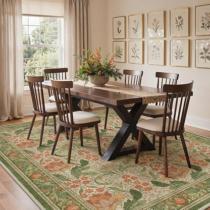 Bavni 9x12 Area Rugs, Floral Machine Washable Rugs for Living Room, Dinning Room, Bedroom, Non Slip Aesthetic Vintage Low Pile Durable Lightweight Farmhouse Rug, Sage Green & Burnt Orange