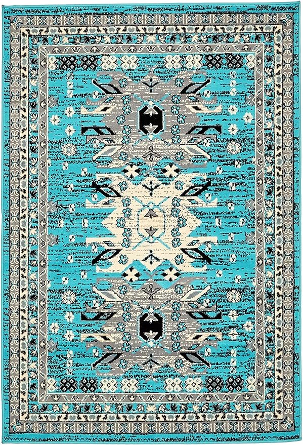 Unique Loom Taftan Collection Border Geometric Tribal Inspired Design Area Rug (4' 0 x 6' 0 Rectangular, Turquoise/ Gray)