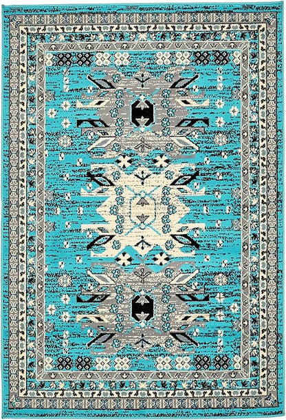 Unique Loom Taftan Collection Border Geometric Tribal Inspired Design Area Rug (4' 0 x 6' 0 Rectangular, Turquoise/ Gray)