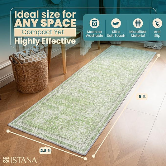 Istana Hallway Runner Rug 2.5x8 - Light Green Kitchen Rugs Non Slip Washable -Silk's Soft Touch Carpet Runner - Stylish Rugs for Home