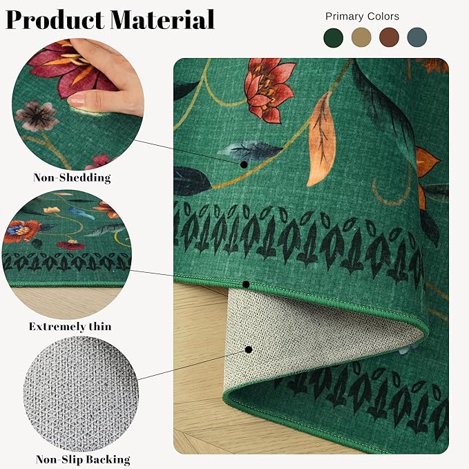 Vintage Medallion Floral Kitchen Runner 2x6, Machine Washable Rug, Soft Low Pile, Non-Slip Carpet for Hallways, Laundry, Bedroom, Bathroom, Entryway | Green
