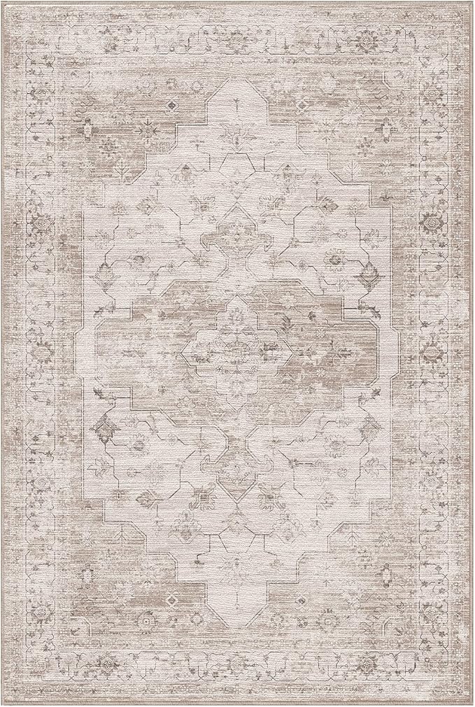 LUMI 4x6 Washable Low-Pile Area Rug for Living Room, Ultra Soft Vintage Rugs with TPE Non Slip Backing, Stain Resistant, Low Profile Carpet High Traffic for Bedroom, Dining Room