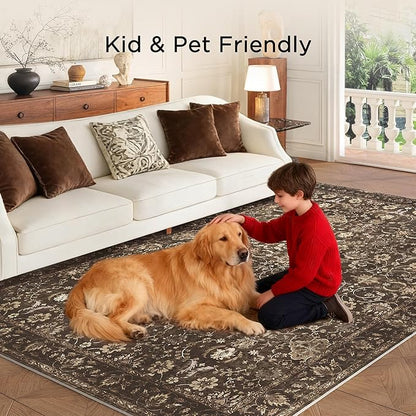 9x12 Area Rug for Living Room, Soft Large Rugs Brown Washable Rugs, Indoor Vintage Carpet for Bedroom Dining Room Office, Rubber Backed Non Slip Low Pile Mat, Dark Brown