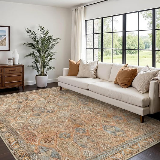 Bavni Washable Rug 8x10 Area Rug for Living Room Bedroom Dining, Washable Vintage Print Carpet, Ultra-Thin Low Pile Lightweight Rug with Non Slip Backing, Sunset Yellow