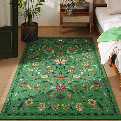 Vintage Medallion Floral 3x5 Washable Rug, Soft Low Pile Area Rug, Non-Slip Carpet for Bedside, Bedroom, Bathroom, Entryway, Kitchen, Office, Kids/Girls Room | Green