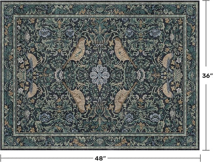 Traditional Washable Entryway Rugs, 3x4 Blue and Green Floral Kitchen Mat for Floor, Bedside, Rug for Laundry Room Floor Non Slip, Moody Stain Resistant Low Plie Carpet