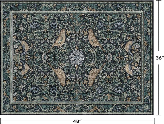 Traditional Washable Entryway Rugs, 3x4 Blue and Green Floral Kitchen Mat for Floor, Bedside, Rug for Laundry Room Floor Non Slip, Moody Stain Resistant Low Plie Carpet