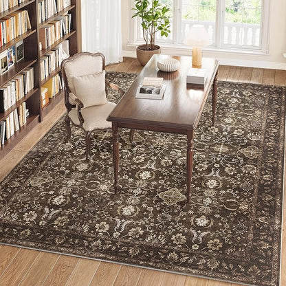9x12 Area Rug for Living Room, Soft Large Rugs Brown Washable Rugs, Indoor Vintage Carpet for Bedroom Dining Room Office, Rubber Backed Non Slip Low Pile Mat, Dark Brown