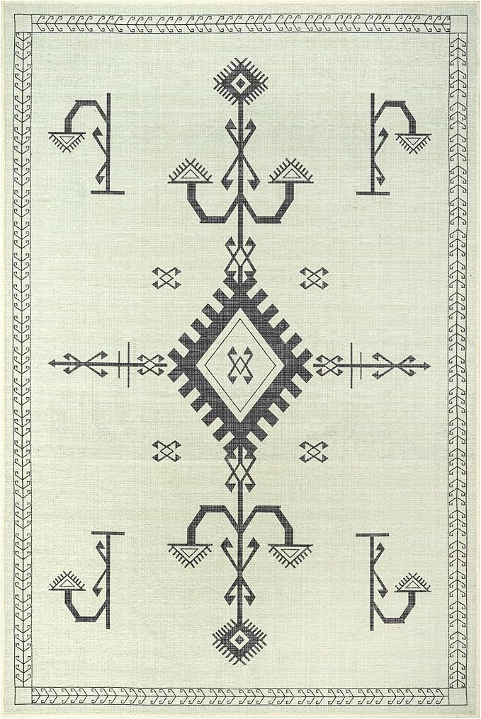 GLN Rugs Contemporary Collection - Machine Washable Area Rug, Contemporary Washable, Non Slip, Low Pile Chenille Rug, Living Room, Bedroom, Kitchen Rug (3' x 5' Cream/Anthracite)
