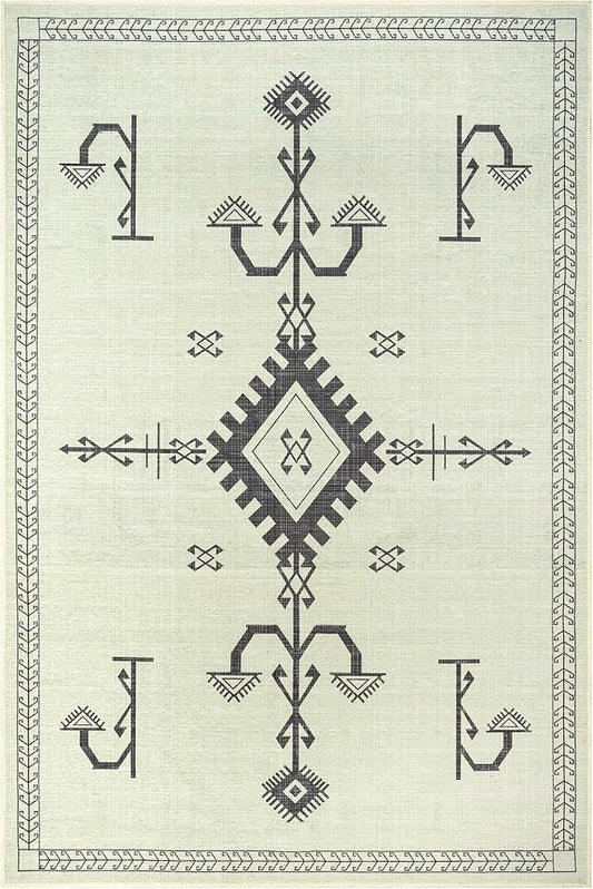 GLN Rugs Contemporary Collection - Machine Washable Area Rug, Contemporary Washable, Non Slip, Low Pile Chenille Rug, Living Room, Bedroom, Kitchen Rug (3' x 5' Cream/Anthracite)