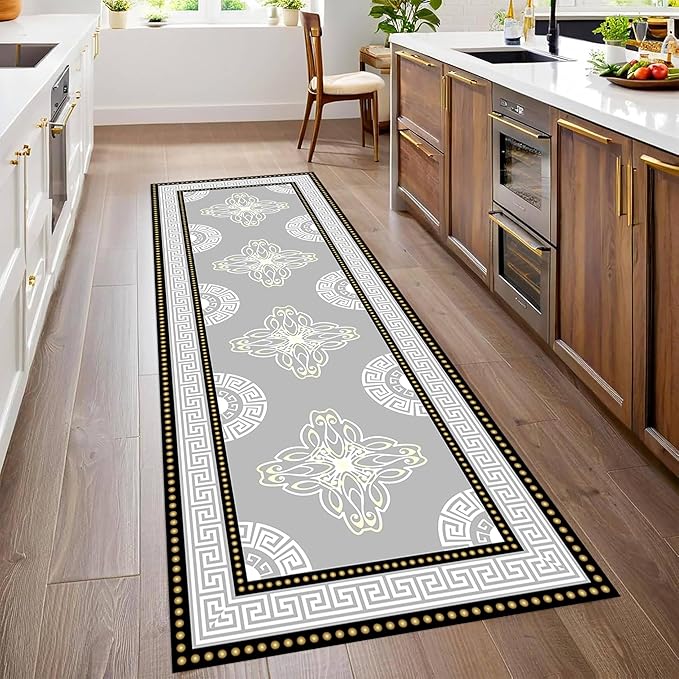 Boho Long Runners Carpet, 4x12ft, Modern Geometric Bohemian Print with Greek Key Grey Long Hallway Rug, Low-Profile Non Slip Rubber Backed Flat Rugs for Relax Room Entryways