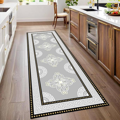 Boho Long Runners Carpet, 4x12ft, Modern Geometric Bohemian Print with Greek Key Grey Long Hallway Rug, Low-Profile Non Slip Rubber Backed Flat Rugs for Relax Room Entryways