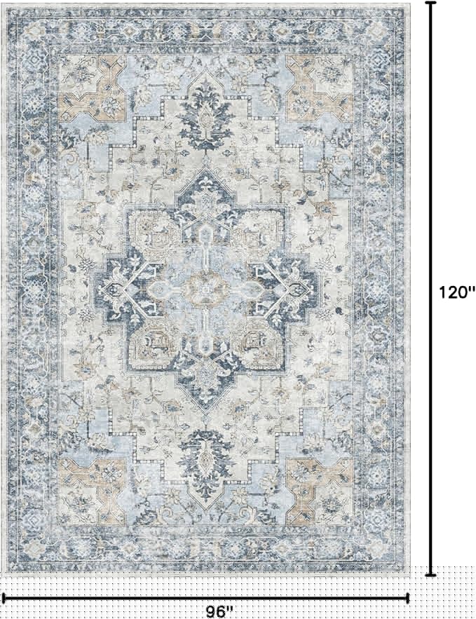 GENIMO 8x10 Area Rugs for Living Room, Machine Washable Non Slip Vintage Rugs, Low Pile Lightweigt Chenille Print Indoor Rug for Bedroom, Dining Room, Home Office, Blue